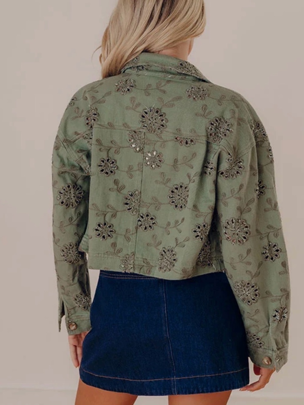 NWT Altar'd State Renesme Denim Eyelet Jacket in olive green Small - Picture 10 of 10